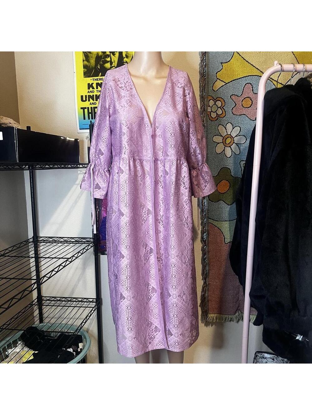 Japanese Purple Floral Lace Button Up Duster Cardigan